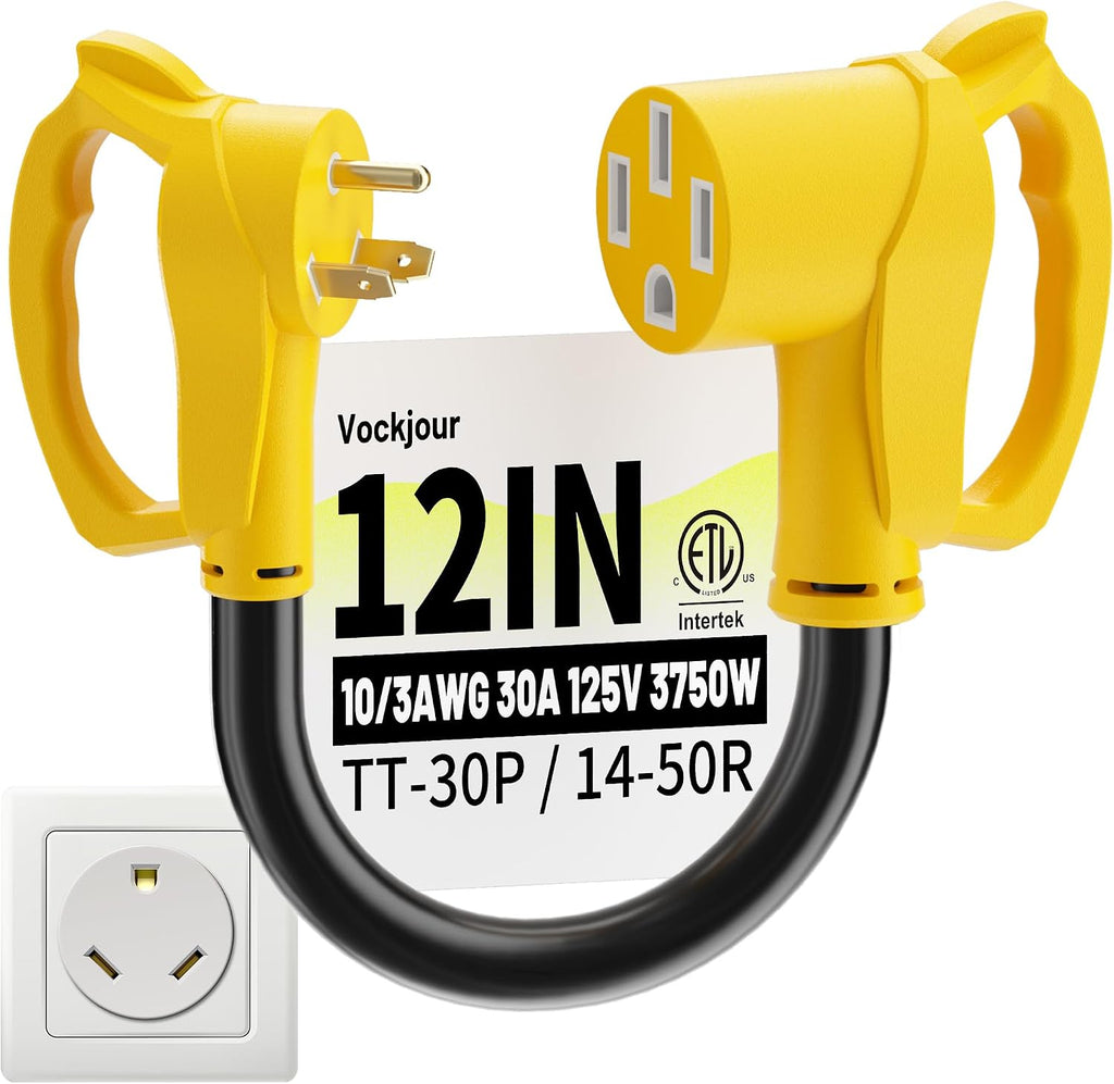 Adaptador para autocaravanas de 30 a 50 amperios, 3 clavijas, 30 cm (12 pulgadas), NEMA TT-30P macho a NEMA 14-50R hembra, cable adaptador eléctrico de alta resistencia para autocaravanas, STW 10AWG 30A 125V 3750W, amarillo, con certificación ETL.