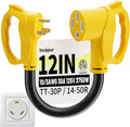 Adaptador para autocaravanas de 30 a 50 amperios, 3 clavijas, 30 cm (12 pulgadas), NEMA TT-30P macho a NEMA 14-50R hembra, cable adaptador eléctrico de alta resistencia para autocaravanas, STW 10AWG 30A 125V 3750W, amarillo, con certificación ETL.