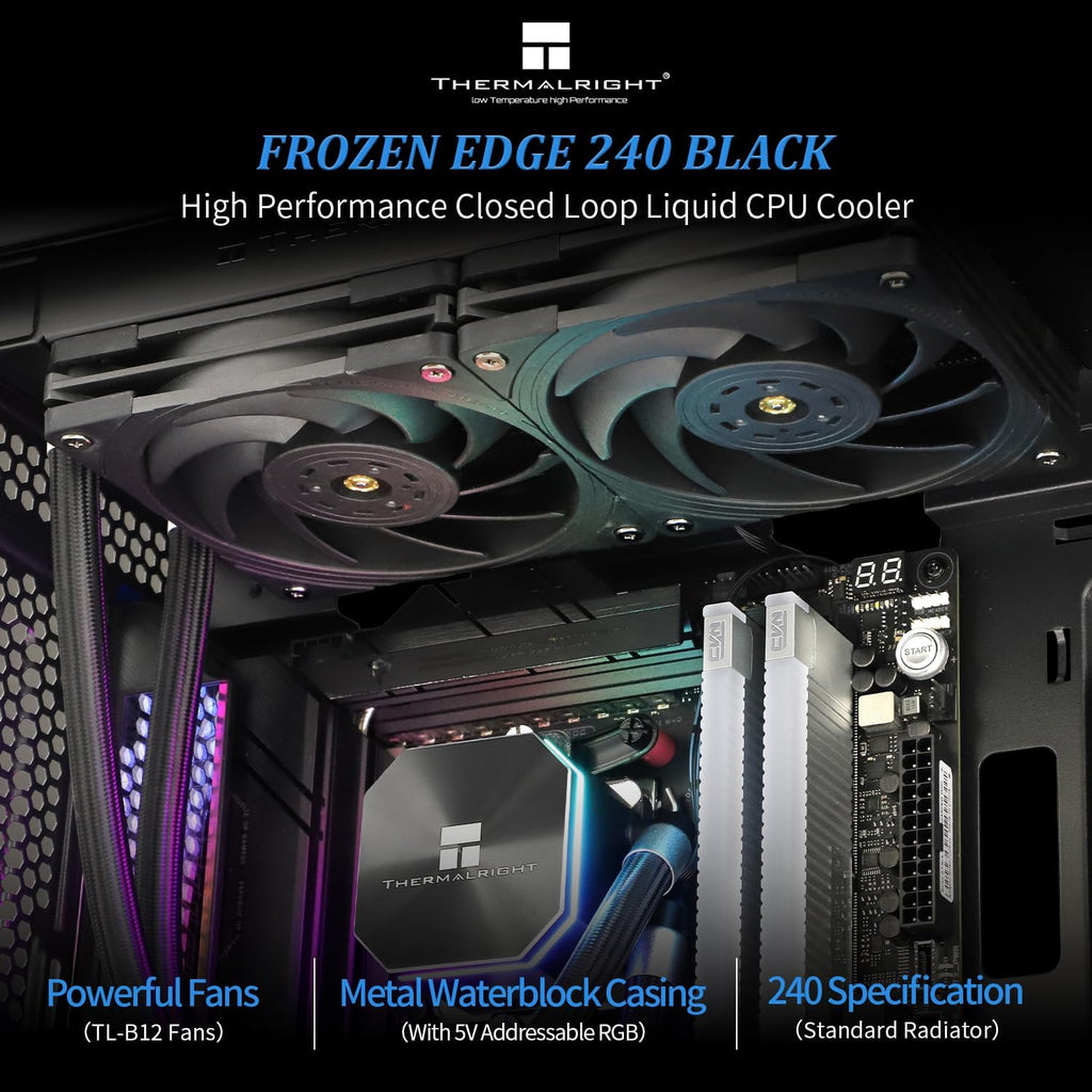 Refrigerador líquido para CPU Thermalright Frozen Edge 240 negro con ventiladores PWM, velocidad de bomba de 3300 RPM, rodamiento S-FDB, para AMD AM4/AM5, Intel LGA1150/1155/1200/1700/2011