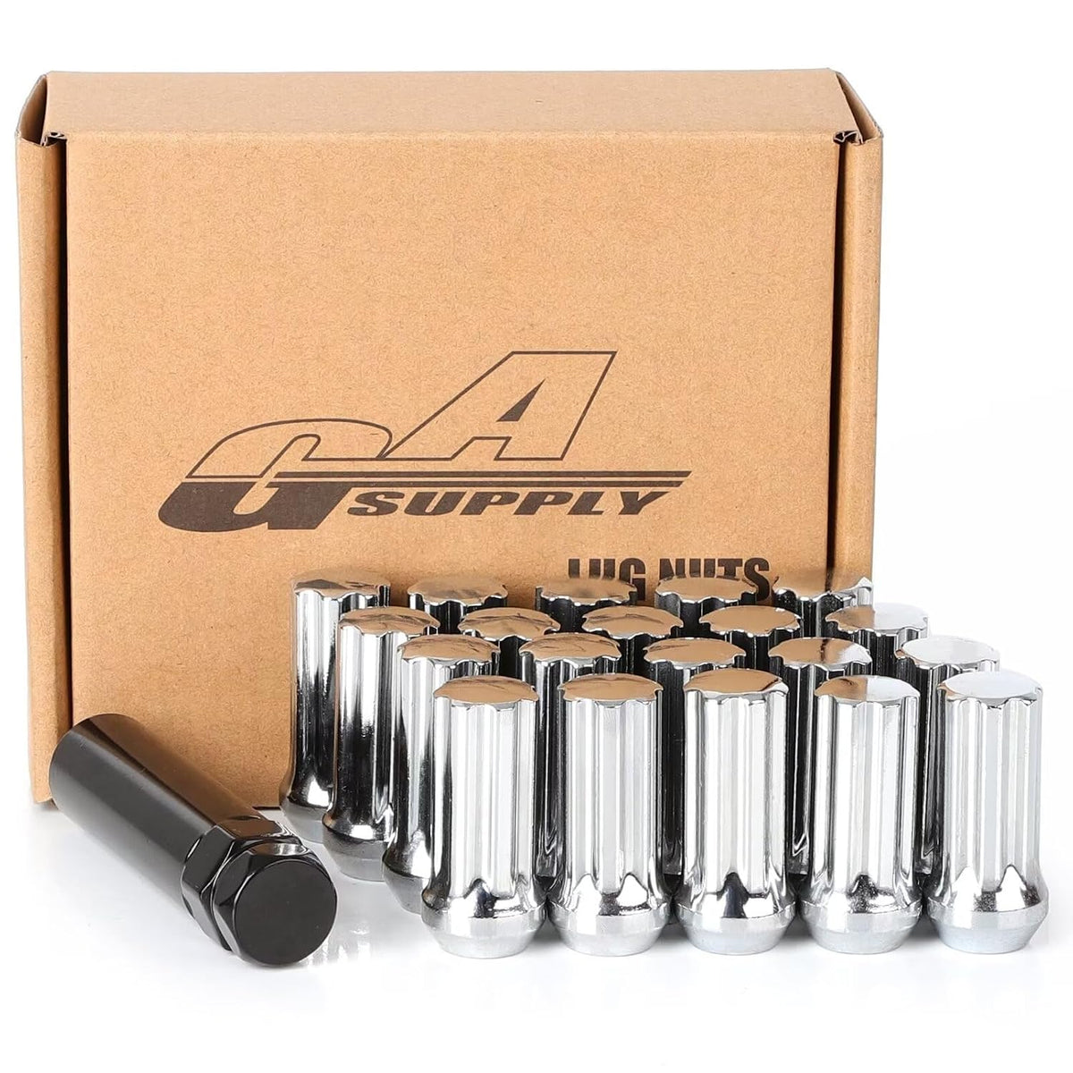 GAsupply Tuercas de Rin 1/2-20 | Cerradas Tipo Acorn Tuner con Estria Larga | 2 Pulgadas (50mm) de Alto | Asiento Conico 60 Grados | Cromadas | Paquete de 20 + Llave