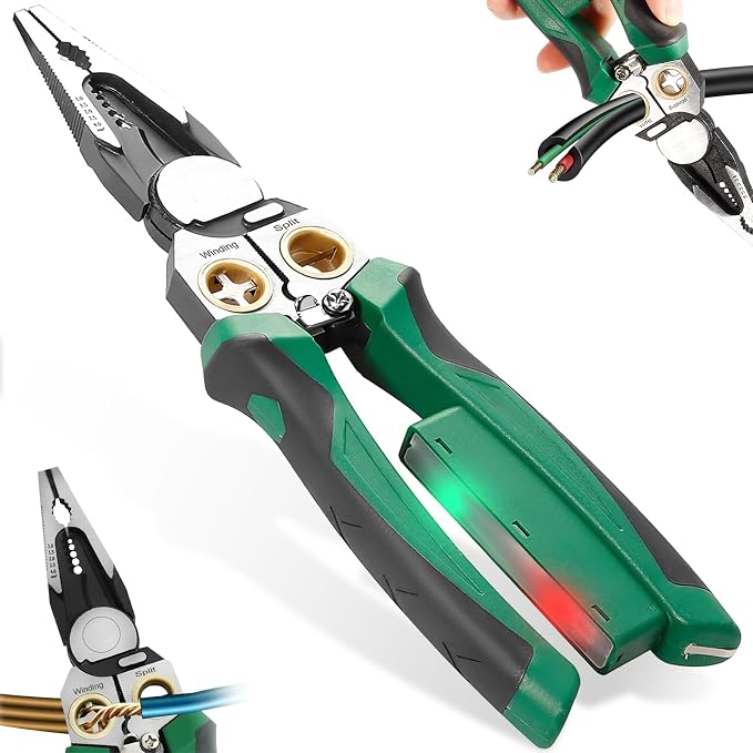 8 en 1 Pelacables con Probador Voltaje, Alicates Eléctricos Multifuncionales, Pinzas Pelar Profesional, Herramienta Electricista Multifunción para Cortar, Crimpar, Tirar, Engarzar (Verde)