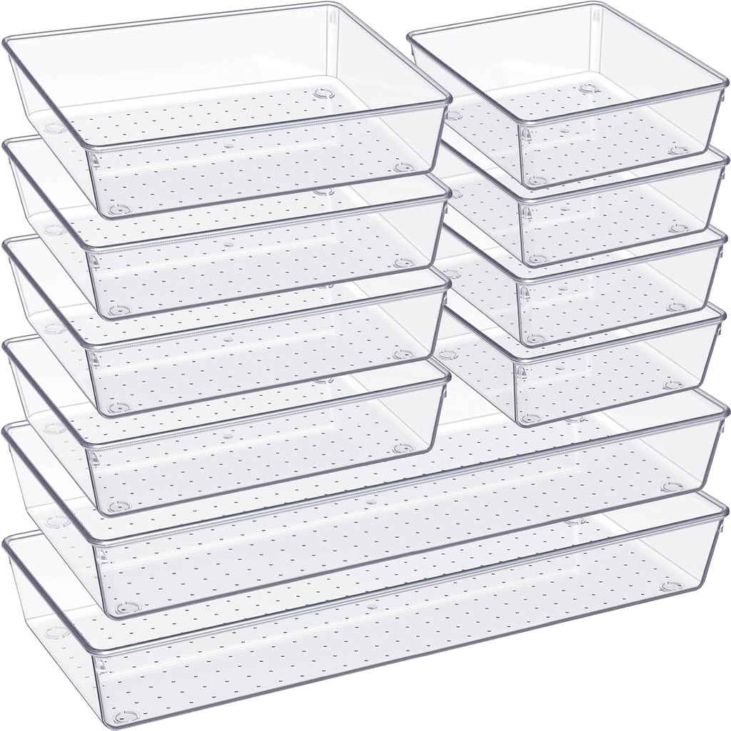 Criusia Organizadores de Cajón 10 Piezas Plástico Transparente | 3 Tamaños Versátiles | Bandejas para Maquillaje y Cocina