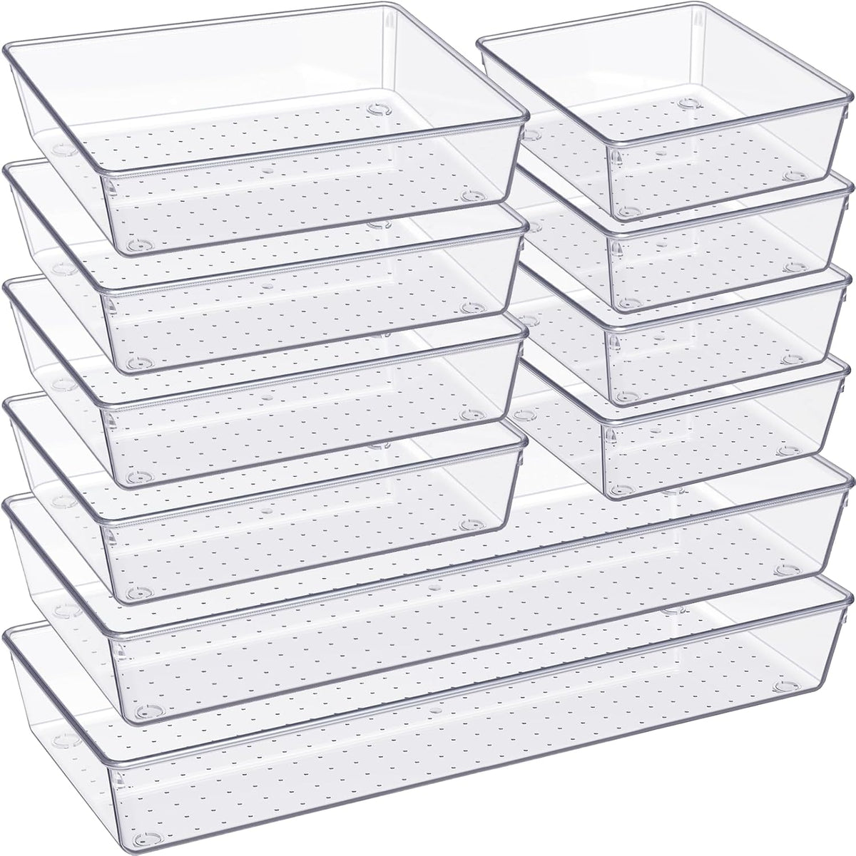 Criusia Organizadores de Cajón 10 Piezas Plástico Transparente | 3 Tamaños Versátiles | Bandejas para Maquillaje y Cocina