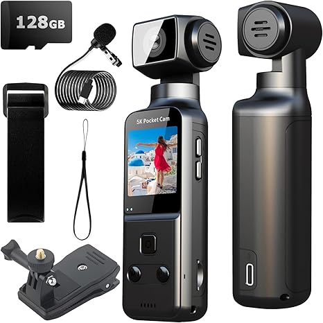 Cámara Corporal YONDENE 5K con Micrófono Externo — Lente Giratorio 270°, Mini Vlog de Bolsillo, 128GB Incluida, Deporte y Viaje