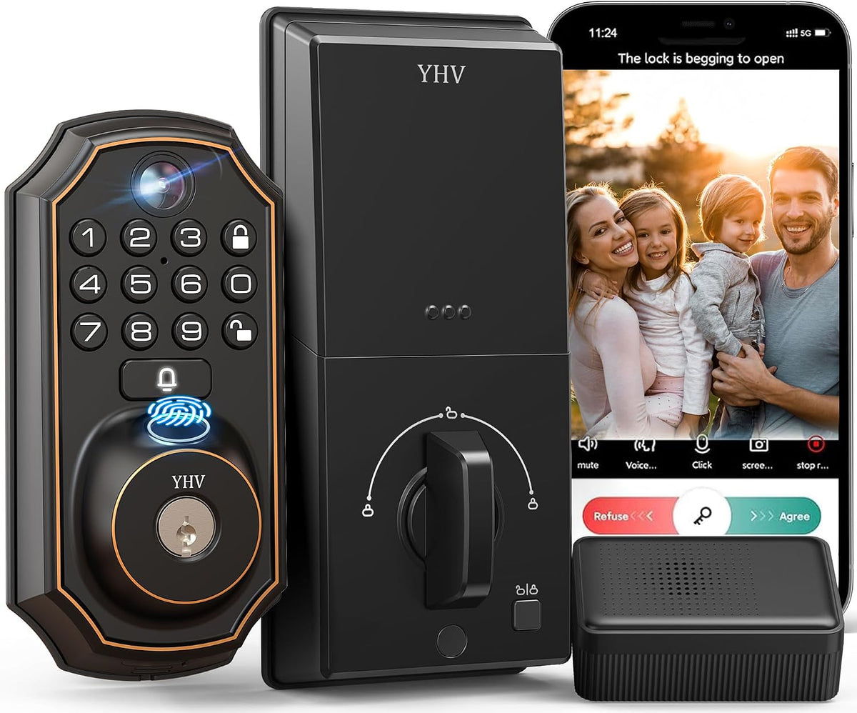 Cerradura Inteligente sin Llave con Cámara | Deadbolt con Huella y Teclado | Control Remoto por App | Desbloqueo Automático | Conectada WiFi