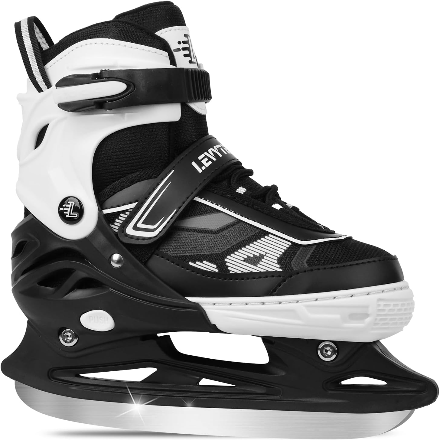 Patines de hielo ajustables para niños y niñas, 4 tamaños, triple protección, para principiantes, con soporte de tobillo para exteriores y pista de patinaje. 