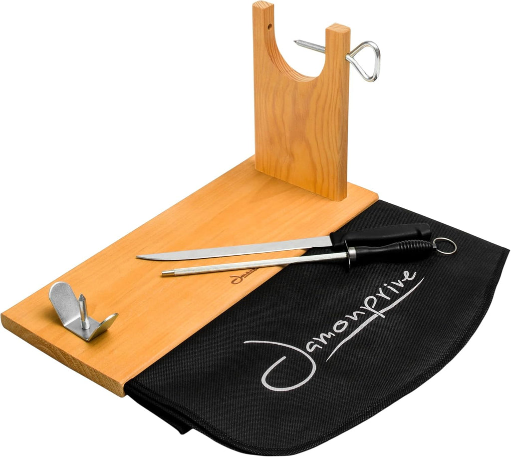 Jamonprive Professional Ham Stand with Ham Knife + Sharpening Steel + Ham Cover - Ham Holder Ideal for Serrano Ham, Iberico Ham and Italian Prosciutto