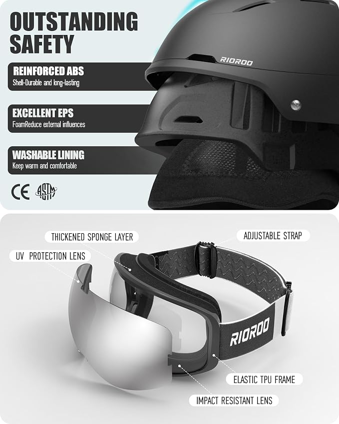 Set Casco y Goggles de Ski RIOROO – Casco Antichoque con Goggles Anti-Niebla OTG para Esqui y Snowboard, Para Hombres, Mujeres y Jóvenes