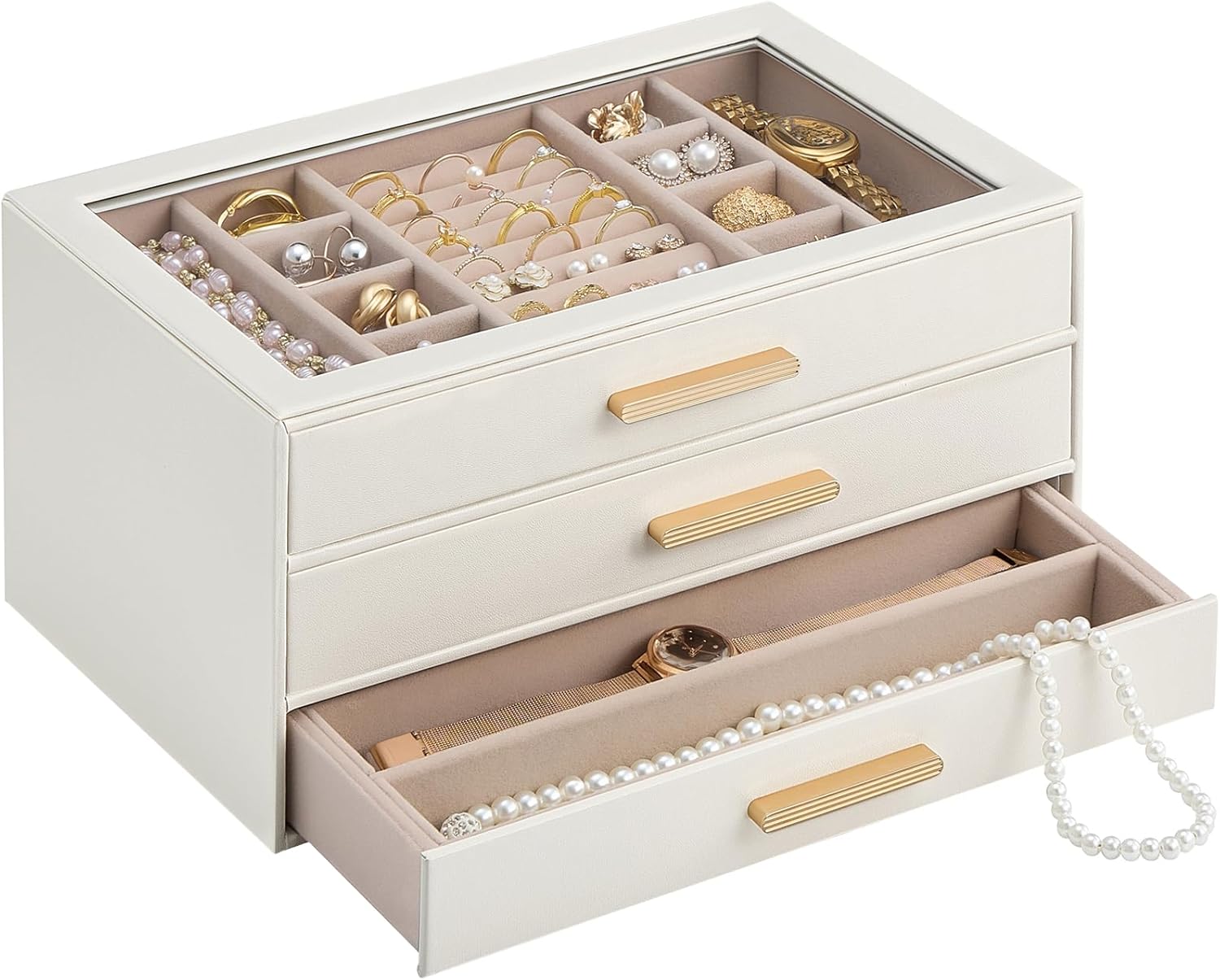 Lolalet Jewelry Box Organizer, 3-Layer Jewelry Organizers and Storage Case with Glass Lid, Ring Earring Bracelet Necklace Holder Organizer, Birthday Valentine Gifts for Women Girls -3Layer, Beige