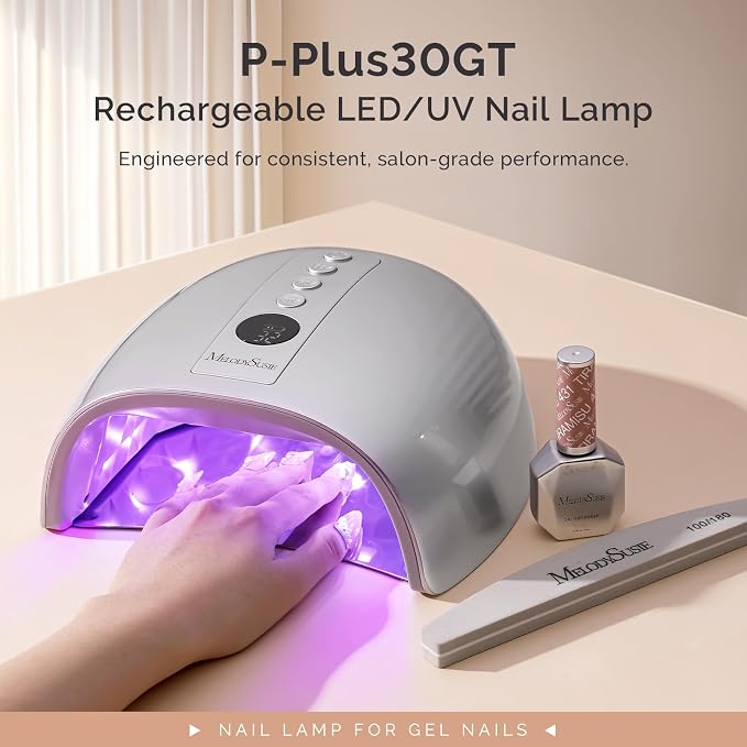 MelodySusie P-Plus30GT - Lámpara de uñas profesional inalámbrica con base de metal, secador de uñas con sensor inteligente para salón y bricolaje, uso doméstico, secado rápido, todos los geles duros, especialmente esmaltes de gel de extensión y purpurina