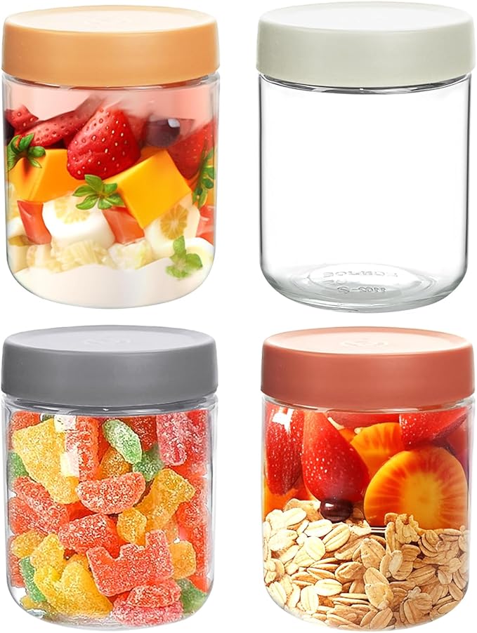 Paquete de 4 tarros de vidrio grueso de 16 onzas con tapa para avena durante la noche, reutilizable a prueba de fugas, frascos de boca ancha, perfecto para toda la noche, avena, fruta