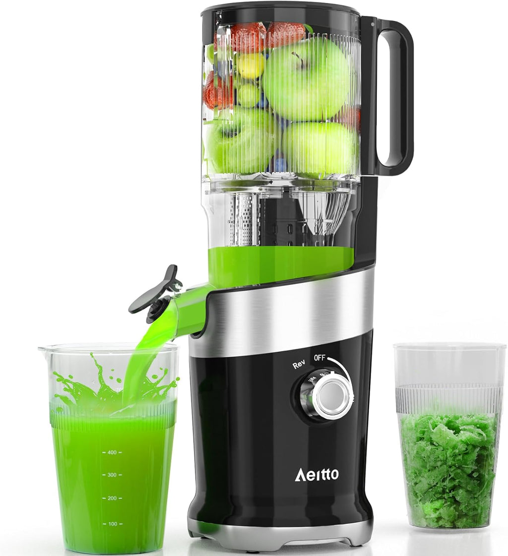 Cold Press Juicer Fits Whole Fruits, Aeitto Masticating Juicer Machines with Wide Feed Chute, Juice Extractor Machine Easy to Clean, High Juice Yield, Easy to Assemble, Self Feeding