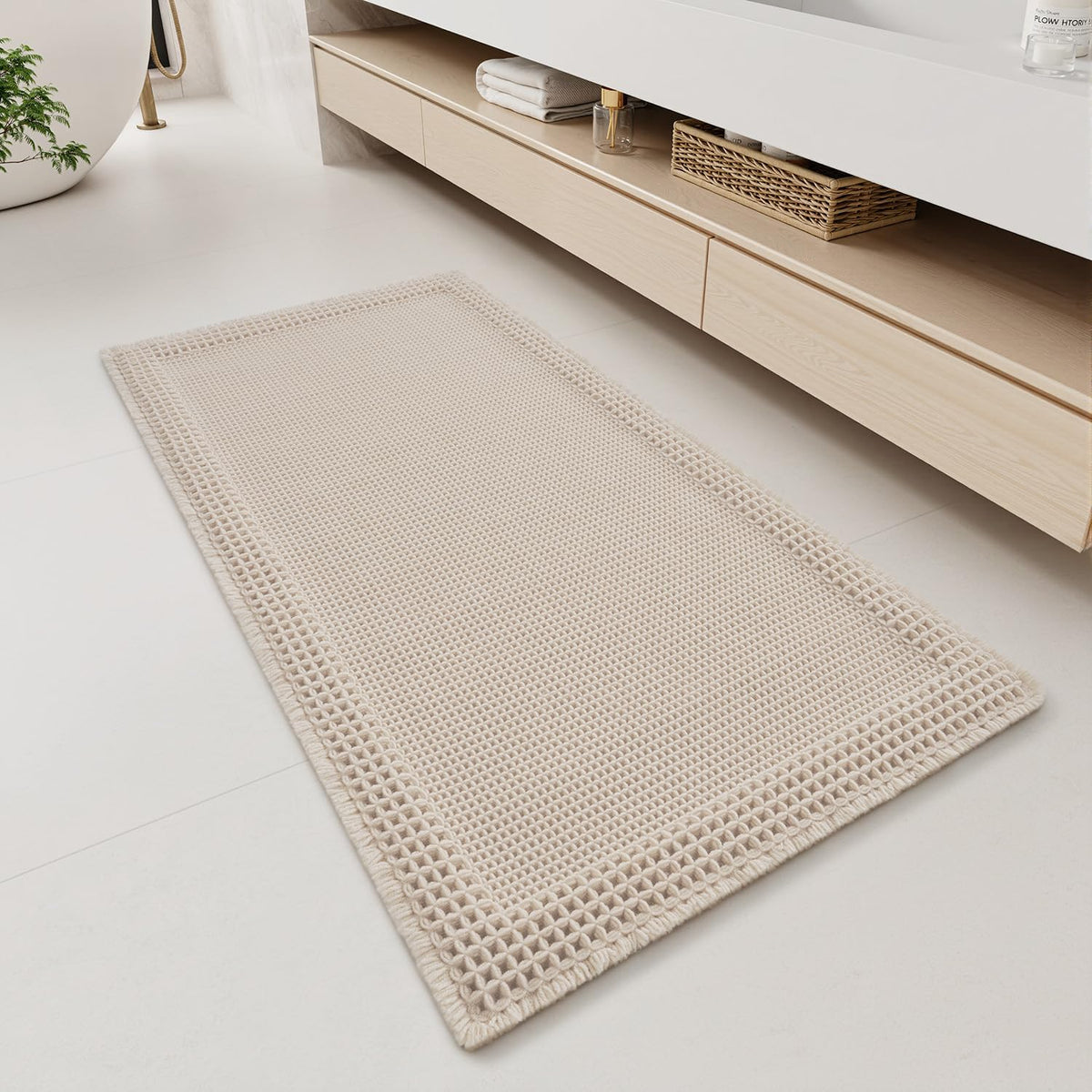 Alfombras de baño RESARE con textura de gofre, súper absorbentes, antideslizantes, lavables y de secado rápido, alfombras de baño boho ultrasuaves mejoradas con borlas, accesorios de decoración para el hogar estilo granja, color beige claro