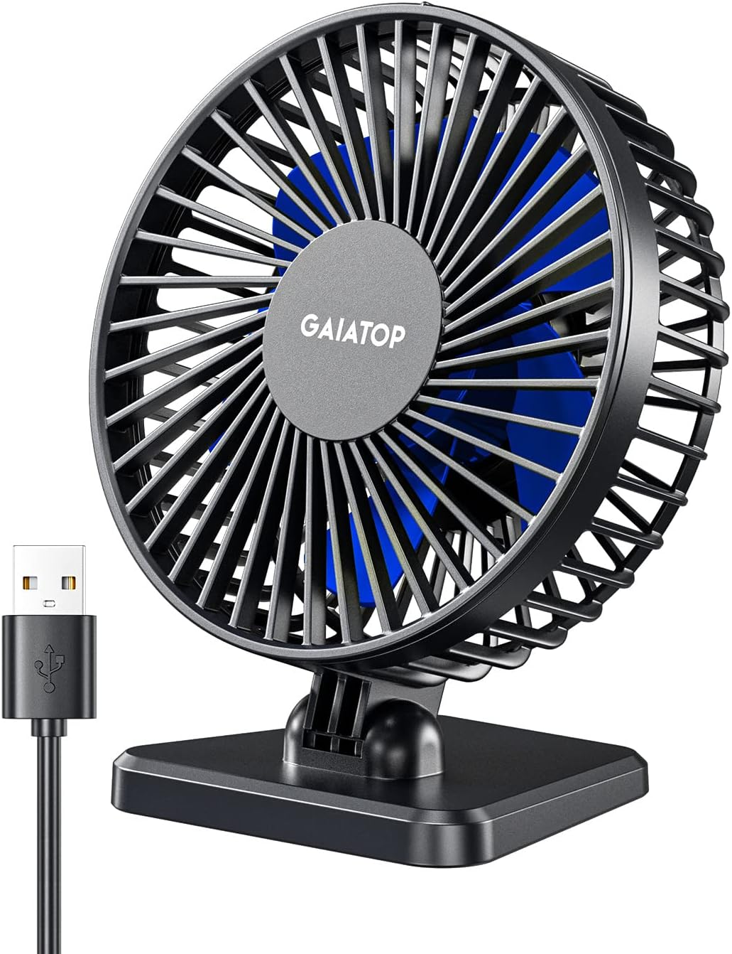 Ventilador de escritorio USB Gaiatop, pequeño pero potente, portátil, silencioso, 3 velocidades, mini ventilador de mesa ajustable para refrigeración en el hogar, la oficina, el coche, verano, viajes. Regalos. Azul.