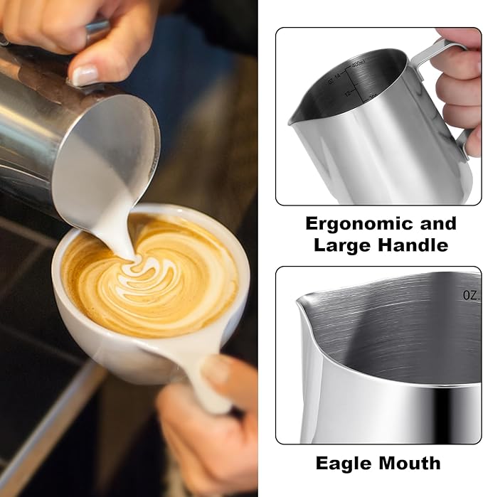Jarra de espuma de leche, taza espumadora de leche al vapor, jarra de leche de barista capuchino latte Art con bolígrafo decorativo, accesorios de barra de café espresso de acero inoxidable (plata, 14 onzas)