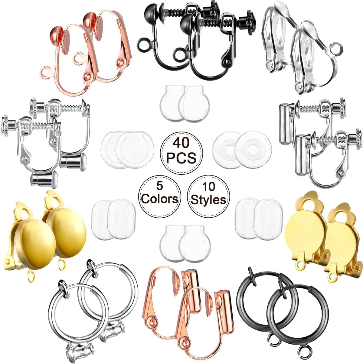 Convertidores de Aretes de Clip – 20 Piezas (10 Pares) para Orejas sin Perforar, 10 Estilos