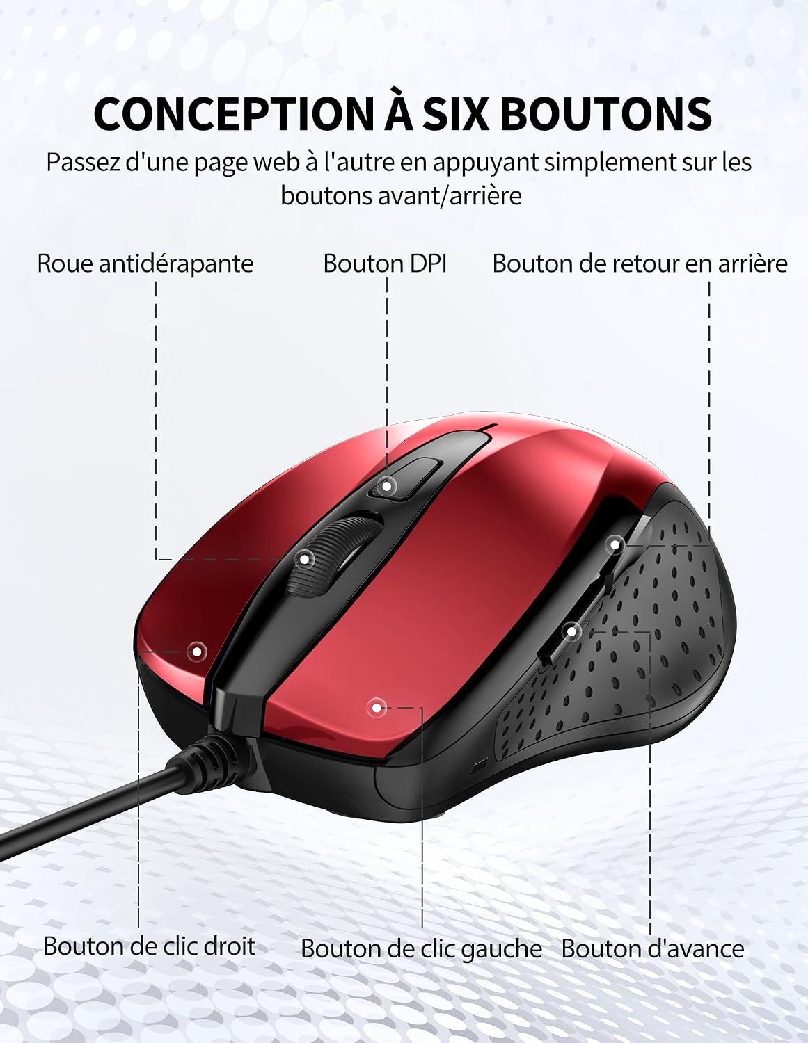 Ratón TECKNET con cable, ratón óptico empresarial con cable y 6 botones, ratón ergonómico para PC, Mac e iOS, cable USB de 150 cm.