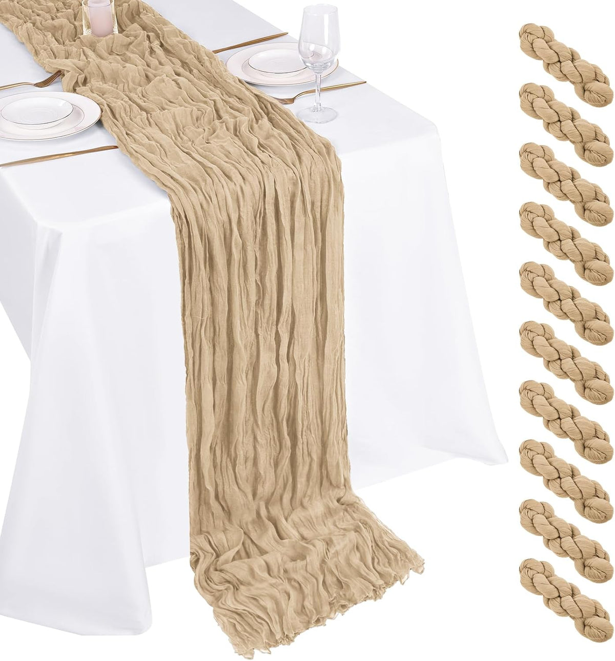 Paquete de 8 caminos de mesa de gasa beige de 43 x 274 cm, estilo bohemio, ideales para bodas, fiestas, baby showers, cumpleaños y decoración del hogar.