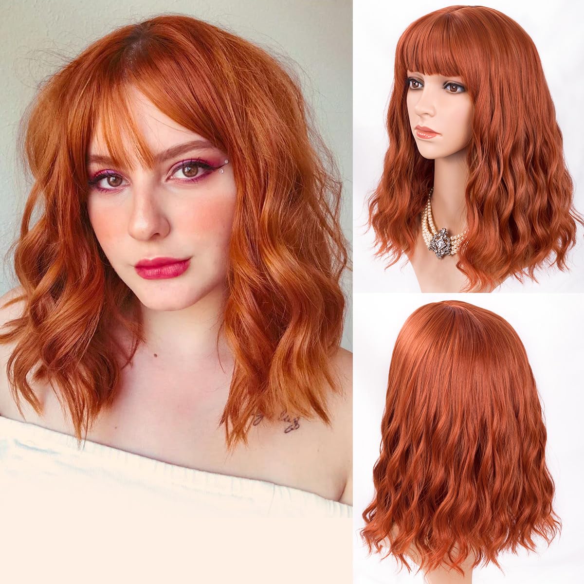 Peluca bob castaña KETTIKALER con flequillo, corta, ondulada, color rojo cobrizo, para mujer, hasta los hombros, peluca bob rizada naranja quemada, pelucas sintéticas resistentes al calor para Halloween, cosplay, uso diario en fiestas, 35 (14 pulgadas)