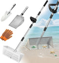 Rastrillo para pulgas de arena, tamiz de arena para la playa, tamiz de acero inoxidable con forma de dientes de tiburón, con malla de drenaje desmontable de 40 cm de ancho y mango largo para encontrar pulgas, conchas y dientes de tiburón, 140 cm.