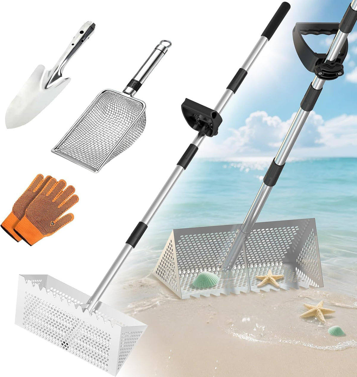 Rastrillo para pulgas de arena, tamiz de arena para la playa, tamiz de acero inoxidable con forma de dientes de tiburón, con malla de drenaje desmontable de 40 cm de ancho y mango largo para encontrar pulgas, conchas y dientes de tiburón, 140 cm.