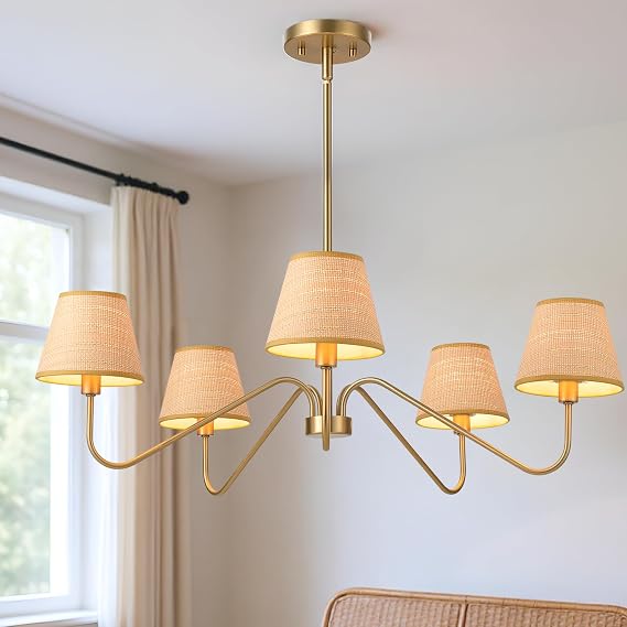 ⚠️ FALTAN TORNILLOS – Lámpara Araña Rattan Bohemia 5 Luces 86 cm | Estilo Boho Coastal Farmhouse, Altura Ajustable, Base E12