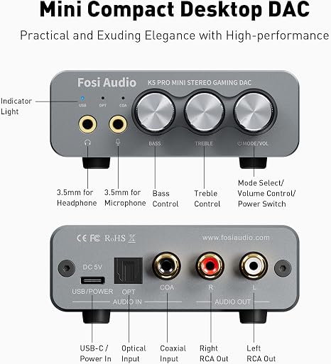 DAC y Amplificador de Audífonos Fosi Audio K5 Pro — Hi-Fi Estéreo para Gaming, PS5, PC, MAC — USB-C, Óptico, Coaxial a RCA/3.5mm