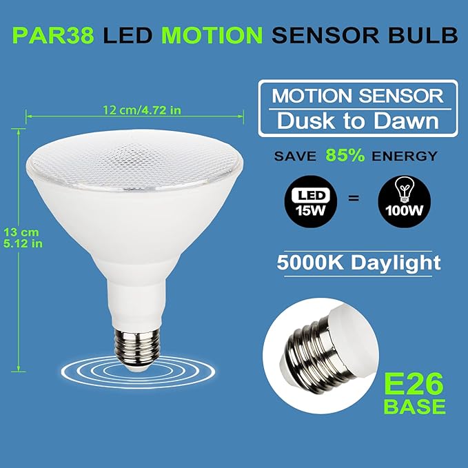 Bombillas LED PAR38 E26 con Sensor de Movimiento Radar | 15W=100W | 5000K | Paquete de 2