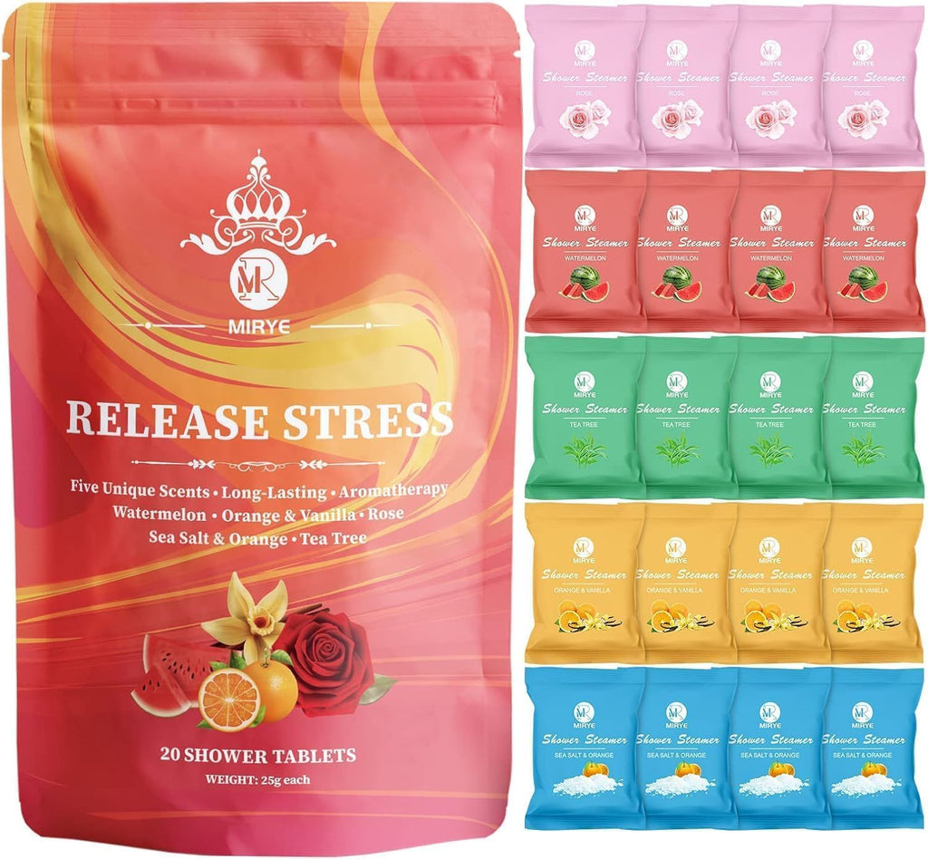 Bombas de ducha aromáticas MR MIRYE - Paquete de 20 bombas de ducha aromáticas - Regalos de cumpleaños para mujeres, Sandía orgánica, Naranja y vainilla, Sal marina y naranja, Rosa, Árbol de té, Regalo para mujeres