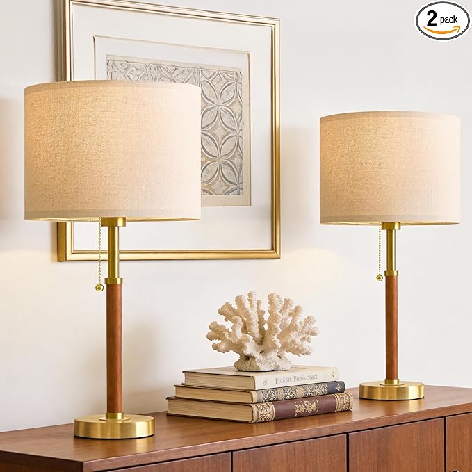 Lámparas de mesa de madera de 22 pulgadas, lámpara moderna de mediados de siglo para dormitorio, sala de estar, lámparas de noche para mesitas de noche, lámpara de mesita de noche con cadena de tracción