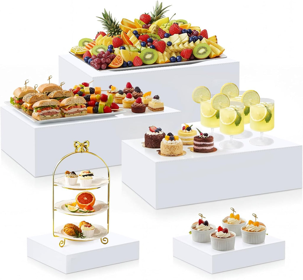 Juego Risers Buffet Extra Grande Leinuosen 5 Piezas 41 x 22 x 13 cm Rectangular Caja Acrílico Banquete Postre Mesa Riser Alimentos Soporte Decorativo Fondo Hueco Catering Blanco