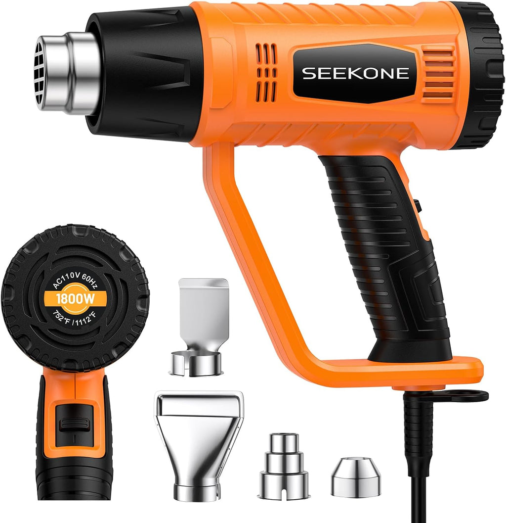Pistola de calor SEEKONE de 1800 W, resistente, de calentamiento rápido, con kit de pistola de aire caliente de doble temperatura de 752° y 1112°, 400° a 600° y 4 boquillas con protección contra sobrecalentamiento para manualidades, encogimiento de PVC y