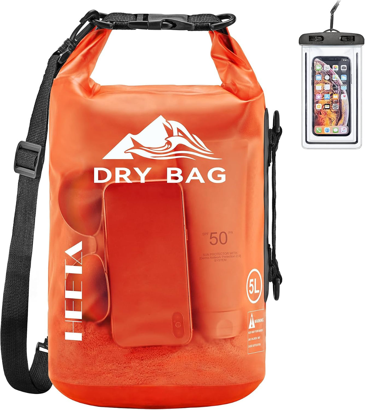 Bolsa Impermeable HEETA para Mujeres Hombres, Bolsa Almacenamiento Seco Ligera Cierre de Rollo Mochila con Funda Teléfono para Viaje Nado Botes Canotaje Tabla de Remo Acampar Accesorios Playa (Naranja, 10L)