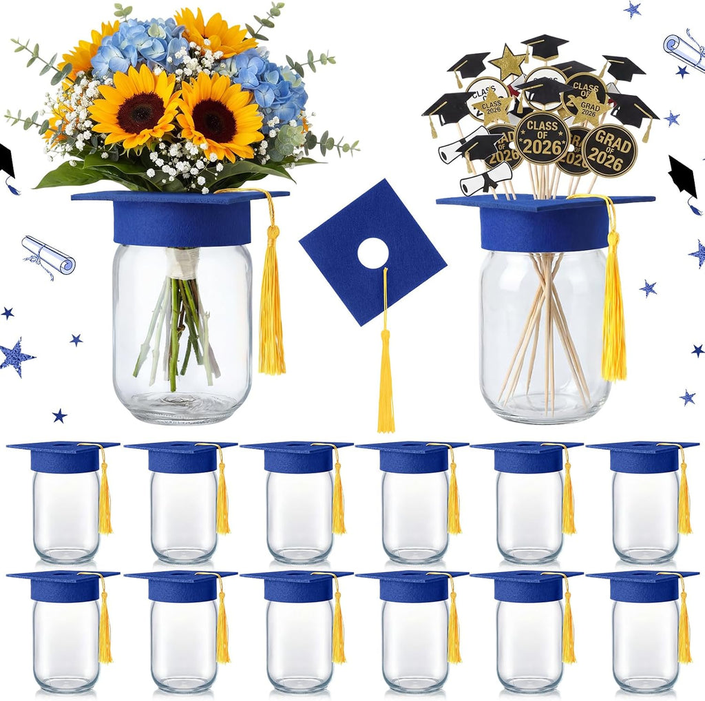 Qinyoung 12 piezas de centro de mesa de graduación 2026 Decoración de graduación Clase de 2026 para mesa Tarro Mason con birrete de graduación para centro de mesa Flores Universidad Escuela secundaria Felicitaciones Fiesta de graduación (Azul)