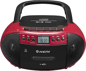 Boombox Portátil G Keni — Reproductor CD y Casete con Radio AM/FM, Bluetooth 5.1, USB y Control Remoto (Rojo)