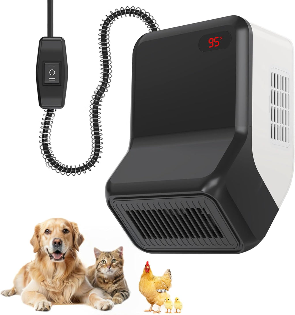 Pet House Heater 300W/600W - Adjustable Temperature for Dog House, Chicken Coop - Low Noise, Overheat Protection - Bite-Proof Wires - Wall Mount - Indoor & Outdoor Use - Digital Display