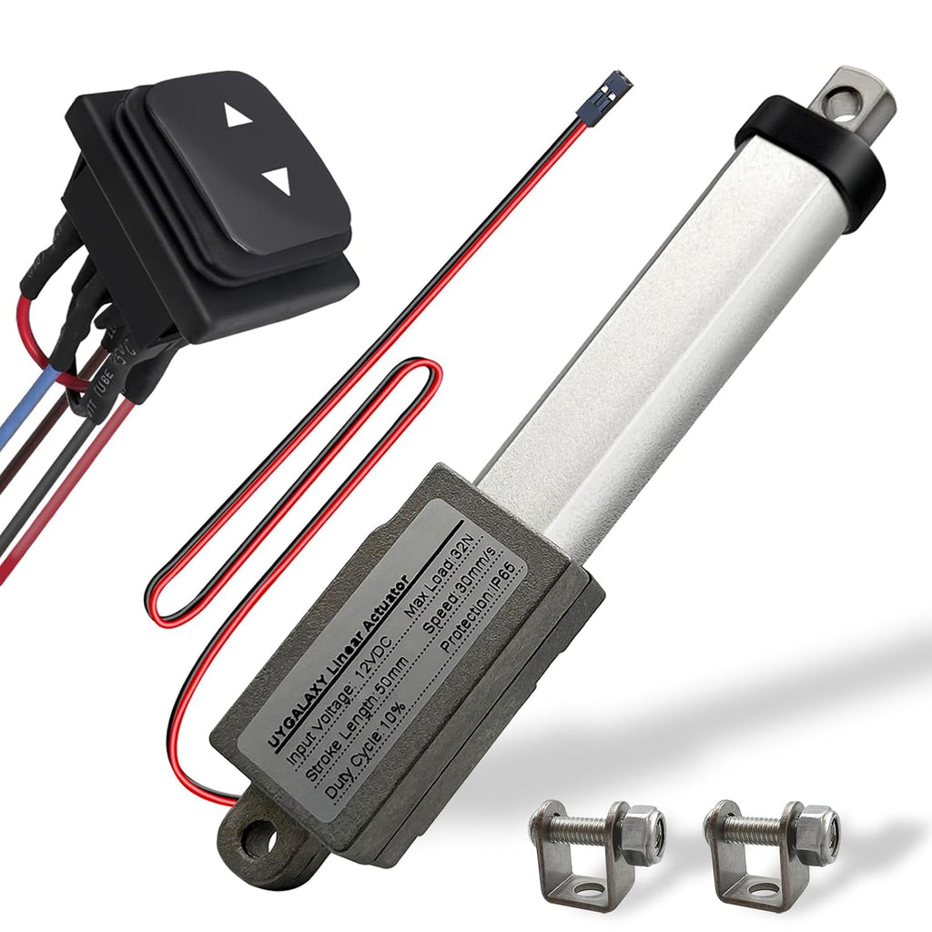 contiene 5 piezas UYGALAXY Mini Actuador Lineal Electrico Carrera 2'' | Interruptor Momentaneo 32N/7lb, 1.2''/seg, Impermeable con Soporte