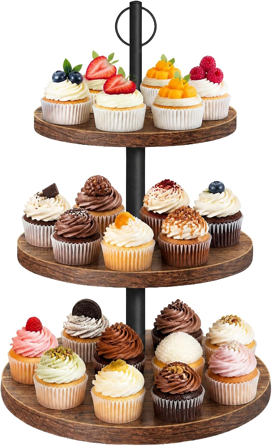 Soporte para cupcakes OugeWood, soporte para cupcakes de 3 niveles, juego de exhibición de mesa de postres rústicos, torre de cupcakes de madera, soporte para pasteles, bandeja escalonada para bodas, cumpleaños, baby showers, 1 paquete