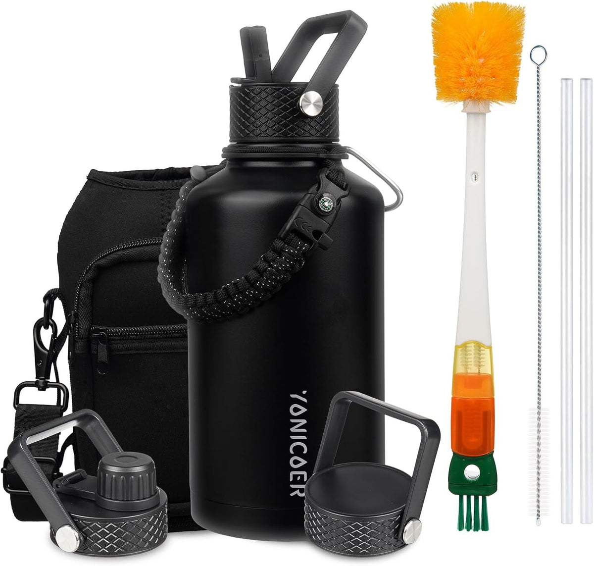 VIENEN 2 TAPAS-Botella de agua isotérmica YONICOER de 1, 2 litros (40 oz), acero inoxidable de triple pared al vacío (apta para lavavajillas), a prueba de fugas y sin BPA, botella con asa de paracord y tapa con boquilla de pajita