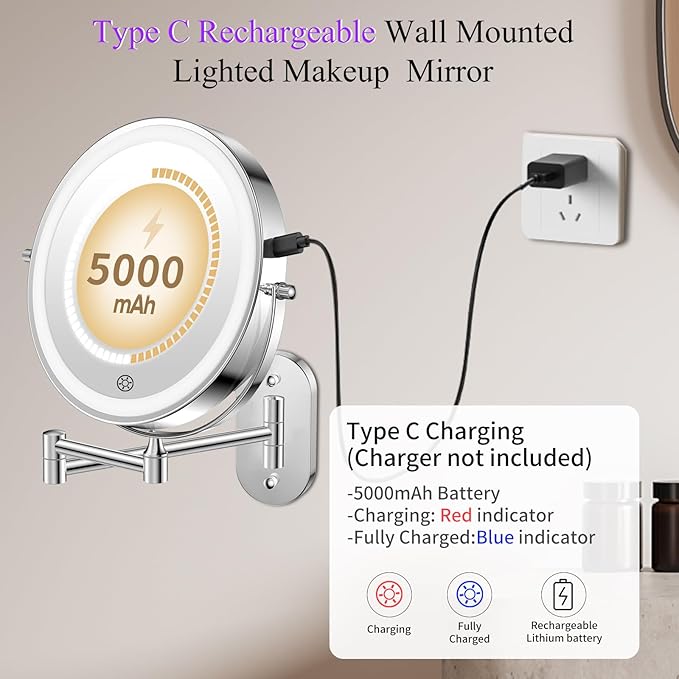 Espejo de Maquillaje con Luz Recargable 5000mAh — Doble Cara 1X/30X con Brazo Extensible