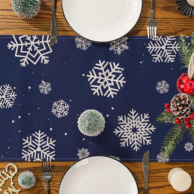 Camino de mesa de Navidad, camino de mesa de invierno, azul marino, camino de Navidad para mesa, copos de nieve, camino de Navidad, decoración de mesa de temporada de invierno, día festivo