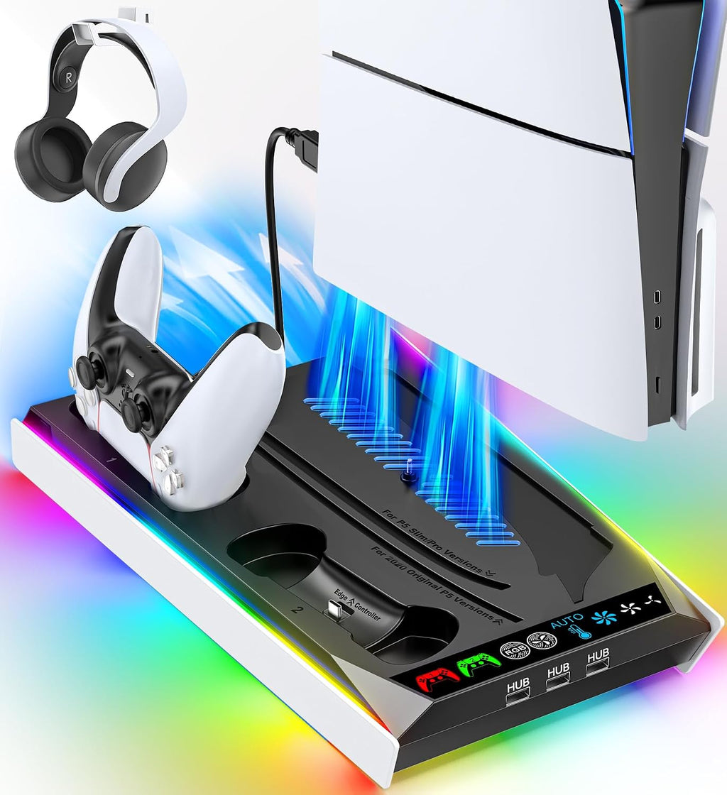 Soporte para PS5/Slim/Pro para consola de discos y digital, estación de refrigeración y carga para PS5 con luces RGB, cargador de mando de PS5 con ventilador integrado de 3 niveles y ajuste automático, accesorios para PS5/Slim/Pro con 3 puertos USB.