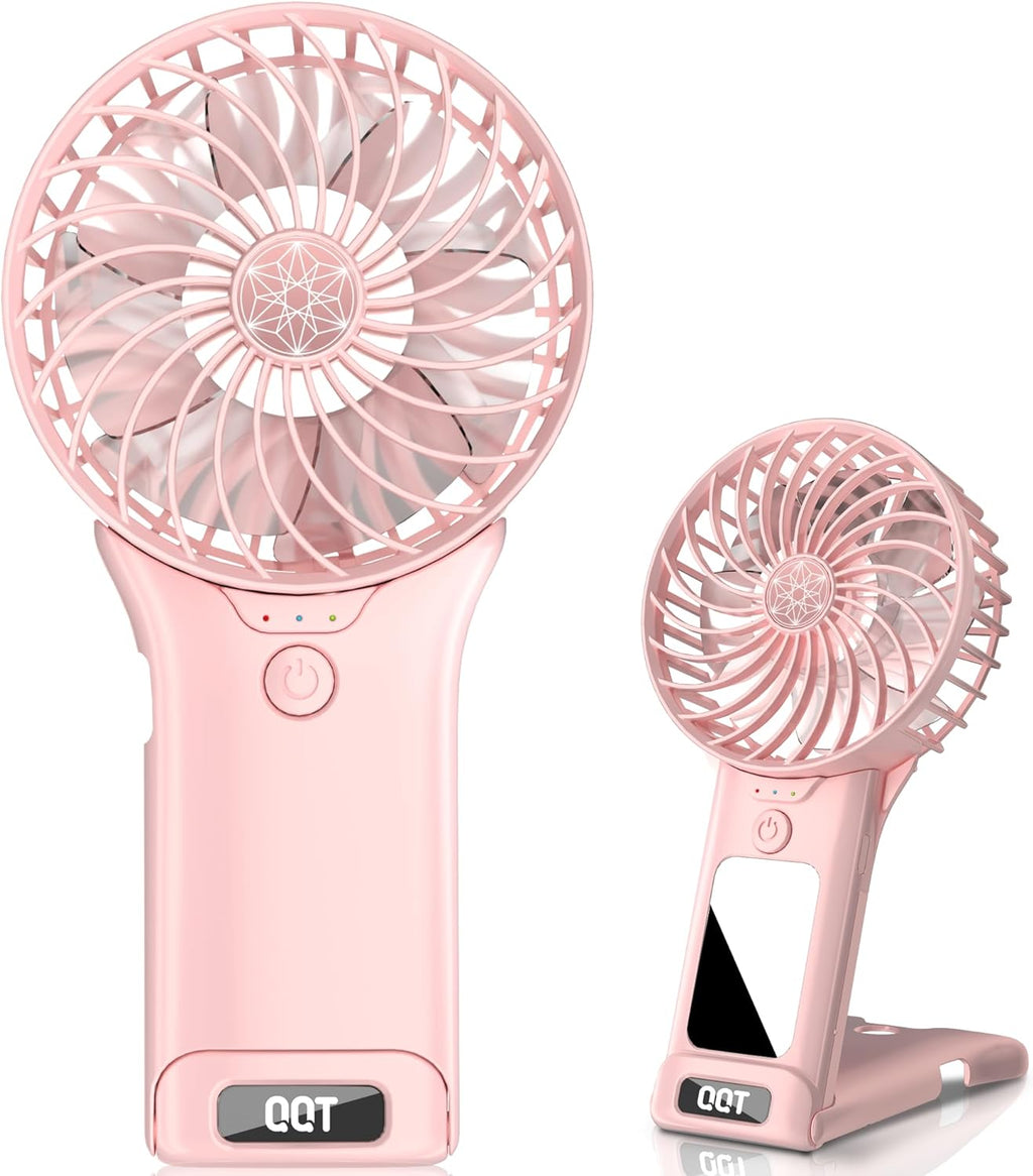 Ventilador portátil QQT Mini, 4 velocidades ajustables, funciona con pilas, recargable por USB, con espejo, hasta 20 horas de autonomía, ideal para viajes, oficina, exteriores, hombres y mujeres (rosa).