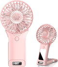 Ventilador portátil QQT Mini, 4 velocidades ajustables, funciona con pilas, recargable por USB, con espejo, hasta 20 horas de autonomía, ideal para viajes, oficina, exteriores, hombres y mujeres (rosa).