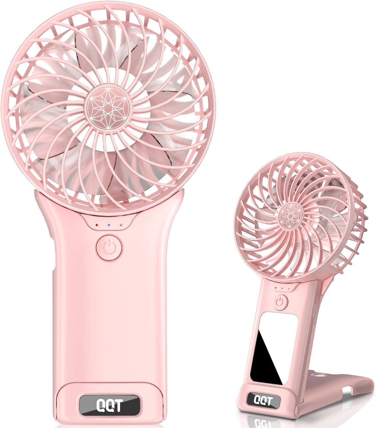 Ventilador portátil QQT Mini, 4 velocidades ajustables, funciona con pilas, recargable por USB, con espejo, hasta 20 horas de autonomía, ideal para viajes, oficina, exteriores, hombres y mujeres (rosa).