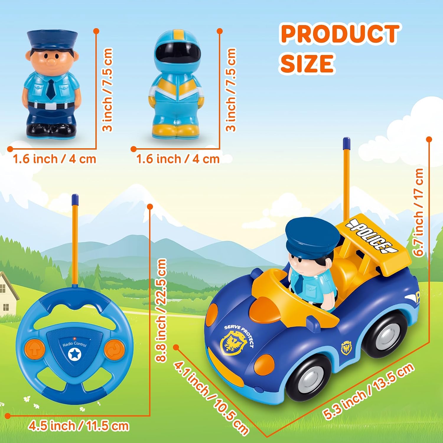 Pup Go Coche de policía a control remoto para niños de 18 meses en adelante, auto de policía con sirena y luz intermitente, 2 muñecas intercambiables extraíbles, juguetes de control remoto para niños