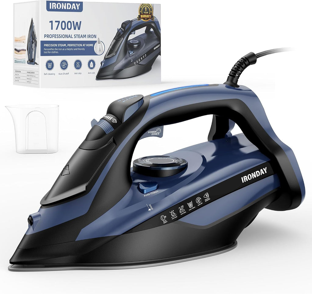 Plancha de vapor IRONDAY para ropa, calentamiento rápido en 20 s, 1700 W, depósito de agua grande de 430 ml, apagado automático de 3 vías, vapor potente, pulverizador, antigoteo, autolimpieza, planchado vertical para el hogar, color azul.