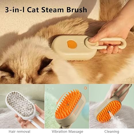Cepillo de Vapor 3 en 1 para Gatos y Perros | Antiestático | Masaje por Vibración | USB