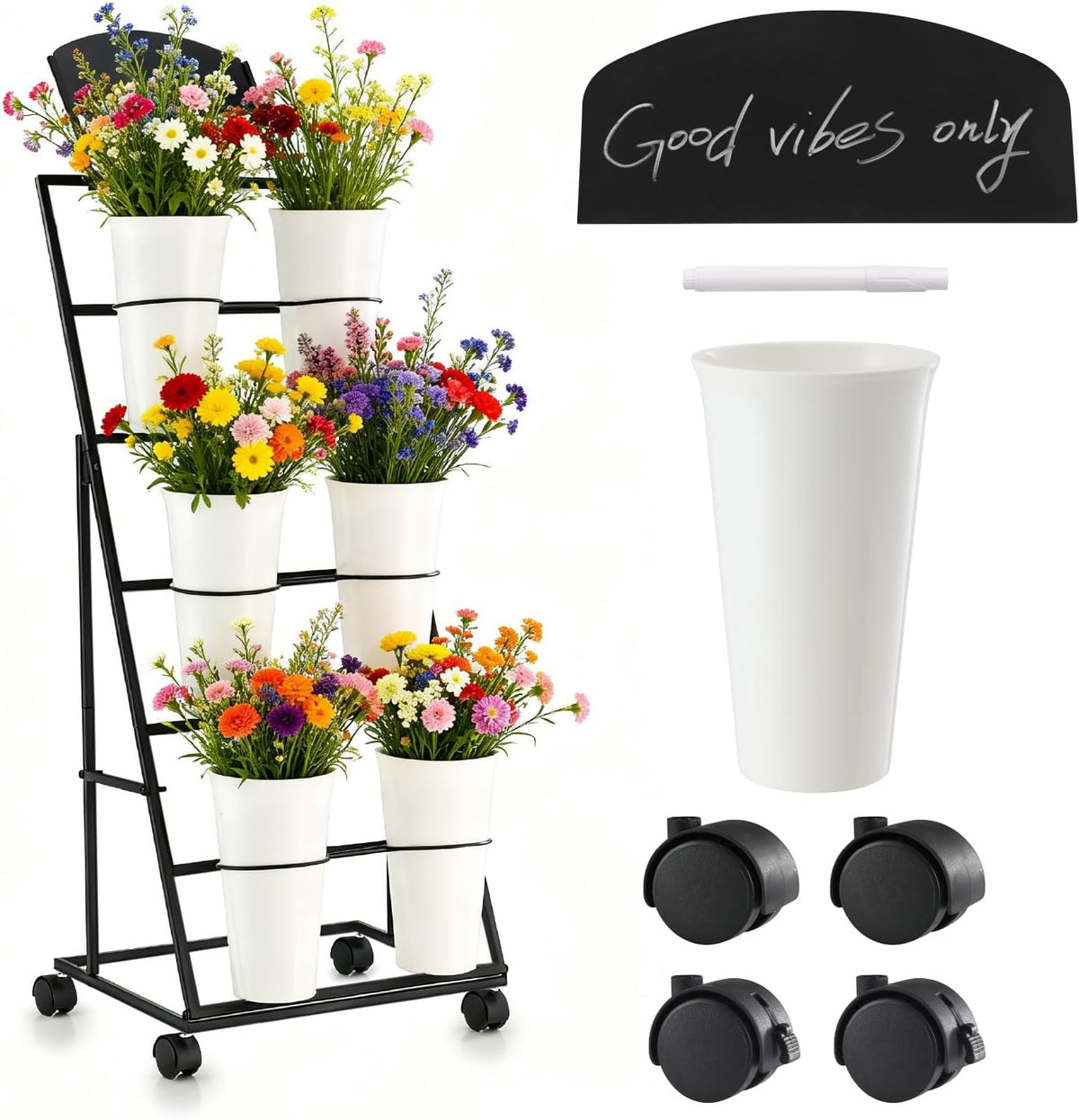 Soporte para flores Soporte para flores con cubos Adecuado para floristerías, eventos y bares de flores interiores y exteriores Soporte para exhibición de flores de 6 botellas, carrito de flores equipado con pizarra y ruedas