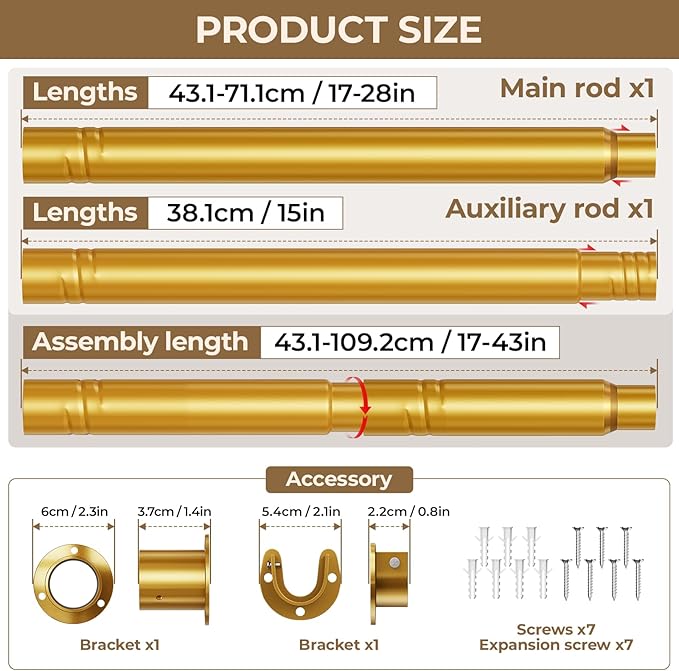 Mavivegue Barra de armario ajustable dorada de 17 a 43 pulgadas para colgar ropa, barra colgante para armario, lavandería, caravana, baño